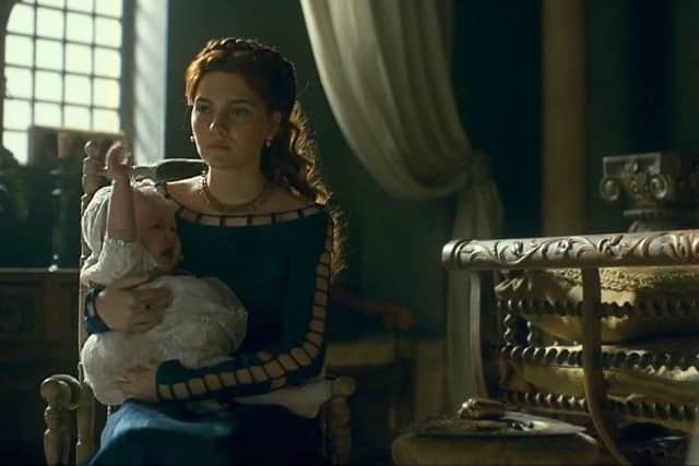 Actor Emily Carey who plays Lady Alicent Hightower in House of the Dragon holding baby Ziggy who played Princess Helaena Targaryen in an episode which aired on Sunday.