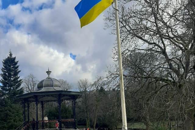 The Ukrainian flag flying in the Pavilion Gardens. Photo submitted