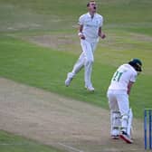 Sam Conners celebrates after taking the wicket of Sam Evens during day one of the LV= Insurance County Championship match between Leicestershire and Derbyshire.