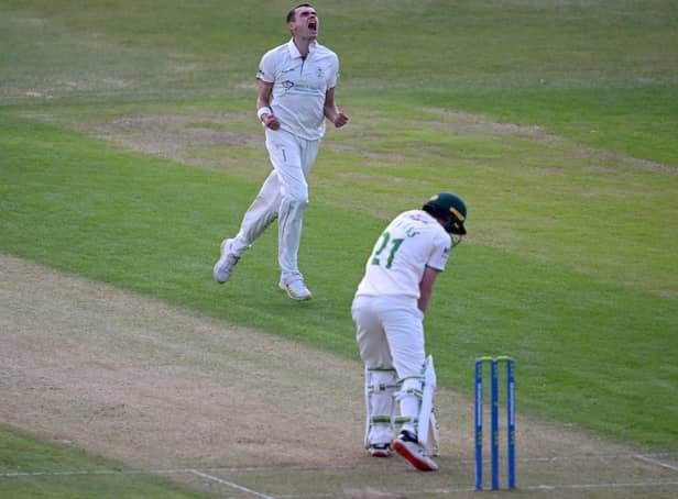 Sam Conners celebrates after taking the wicket of Sam Evens during day one of the LV= Insurance County Championship match between Leicestershire and Derbyshire.