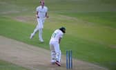 Sam Conners celebrates after taking the wicket of Sam Evens during day one of the LV= Insurance County Championship match between Leicestershire and Derbyshire.
