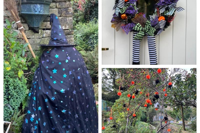 The outside of Gill Soulsby's home looks great with these witchy decorations and hanging spiders.