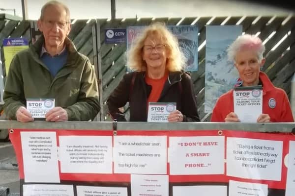 High Peak Unite Community speaking out about the plans to close ticket offices at stations across the High Peak and beyond. Pic submitted