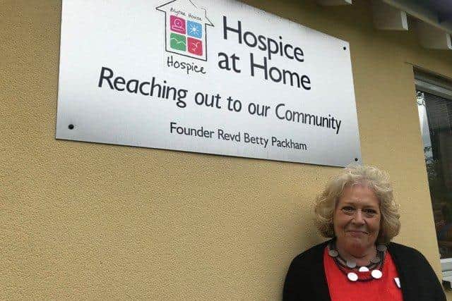 Blythe House Hopsicecare CEO Janet Dunphy outside the Hospice at Home sign where demand for the service has doubled this last year