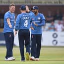 Tom Wood of Derbyshire celebrates bowling out Rob Yates of Warwickshire during the Royal London Cup match on Tuesday. (Photo by Tony Marshall/Getty Images)
