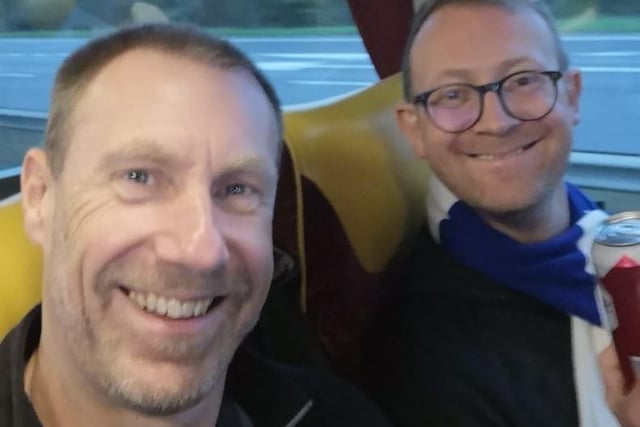 Two fans on the coach down to Ipswich Town. Picture submitted