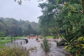 Heavy rain from Storm Babet has caused the River Wye has burst its banks and flooded Buxton's Ashwood Park. Photo Zoie Campbell