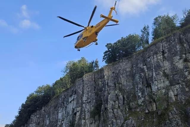 The climber was transported to hospital by helicopter after their fall. Credit: Edale MRT