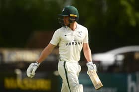 Jack Haynes is dismissed for 97 during Day One of the match between Worcestershire and Derbyshire at New Road. (Photo by Harry Trump/Getty Images)