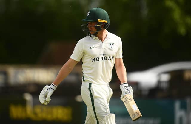 Jack Haynes is dismissed for 97 during Day One of the match between Worcestershire and Derbyshire at New Road. (Photo by Harry Trump/Getty Images)