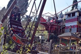 Fun aboard the Pirate Ship ride in the Smugglers Wharf area at Gulliver's Kingdom, Matlock Bath.
