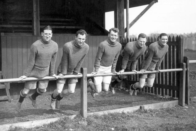 Members of Huddersfield Town football team training at Buxton on 11th April 1930 for their forthcoming FA Cup final match against Arsenal at Wembley. Left to right: Kelly, Smith, Campbell, Lewis and Jackson.