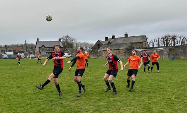 Action from the game between Youlgreave United and Hayfield. Photo by Giles Wyatt.