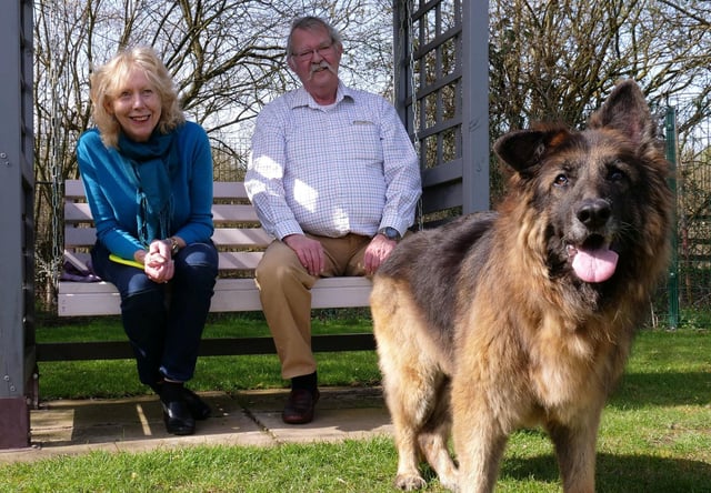 Bella with new owners Maggie Mellish and Charlie Douglas.