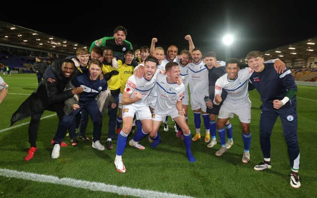 Buxton enjoy the moment of the triumph over York. It is a feeling they are keep to replicate at home to Morecambe. Pic: Richard Parkes