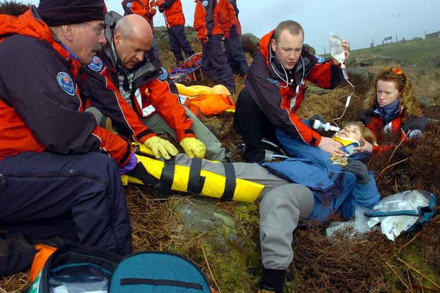 Lord Mayor of Sheffield Jacki Drayton is helped by Edale Mountain rescue after a 'fall' on Burbage rocks in March 2007