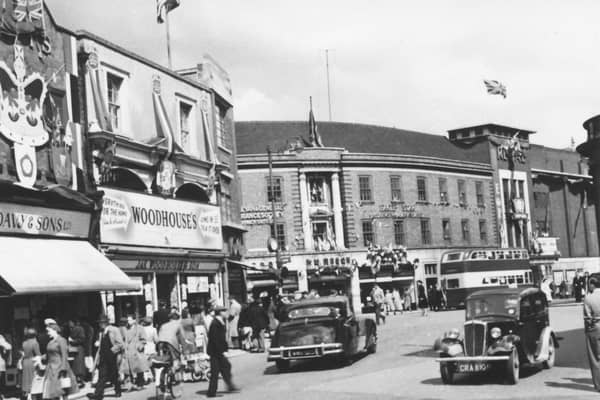 A view of Burlington Street, looking towards Cavendish Street in the 1950's. A bus is outside the Regal cinema on right. Davy & Sons and Woodhouse & Sons shops is on the left.