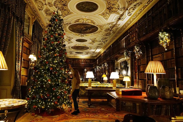 One of the spectacularly decorated giant Christmas trees in Chatsworth House.