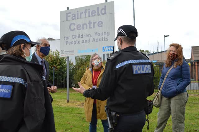 Hardyal with PCSOs and villagers in Fairfield.