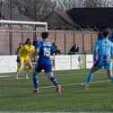 Ethan Mann volleys home Buxton's goal. Photo: Phil Peat.