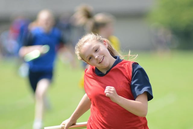 One runner is certainly enjoying the 200m relax during Buxton Community School's 2013 sports day.