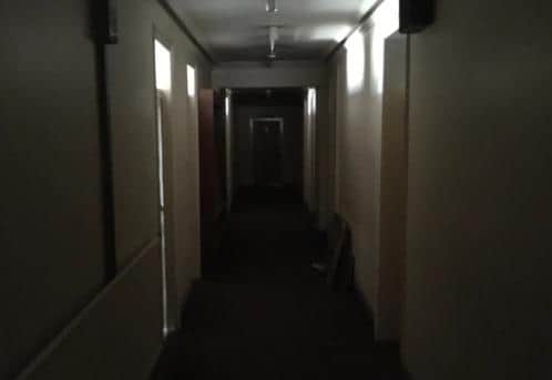 The spooky corridor in Peak Buildings which Ben says is creepy.