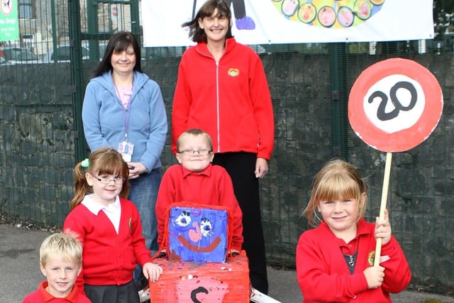 Fairfield Infants road safety artwork and posters,. Pictured back in 2012 were Councillor Pam Reddy and headteacher Sue Coackley with Dylan Mantle, Rebecca Boothby, Aaron Hall and Leah Park. Photo Jason Chadwick