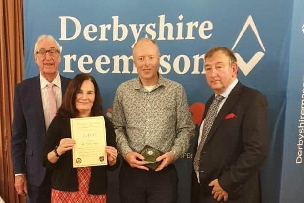 From left, Graham Sisson of High Peak lodge, Liz Blundell and Paul Bohan from the Zink Project, Derbyshire Freemasons' grand master Steven Varley.
