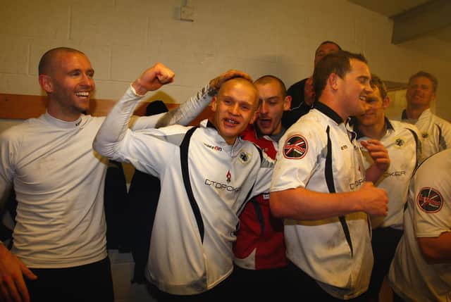 Lindon Meikle celebrates after Eastwood Town shocked League Two leaders Wycombe in the 2008 FA Cup second round.