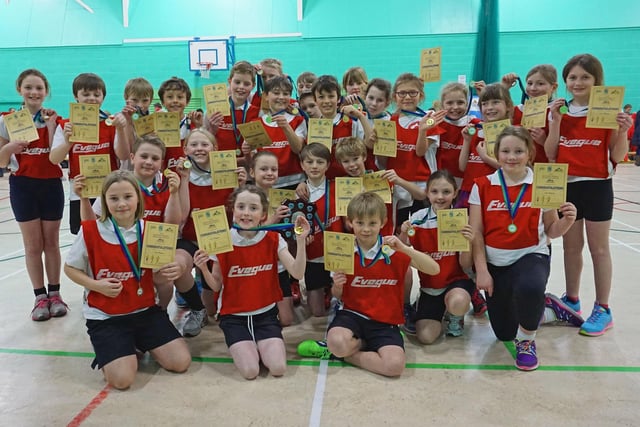 Harpur Hill Primary School celebrating winning the small school category at the High Peak Sports Hall Athletics Finals