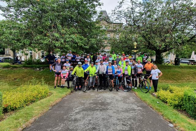 The cyclists set off from the Palace Hotel in Buxton on the second leg of the Jo Cox Way ride