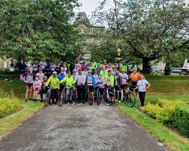 The cyclists set off from the Palace Hotel in Buxton on the second leg of the Jo Cox Way ride