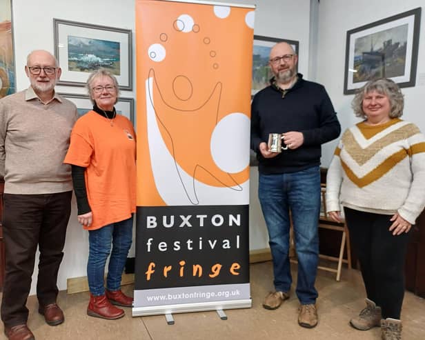 From l to r: Ian Bowns, Jeanette Hamilton, Stephen Walker (with his leaving gift of an inscribed tankard) and Fringe Secretary Carole Garner (photo credit: Stephanie Billen)