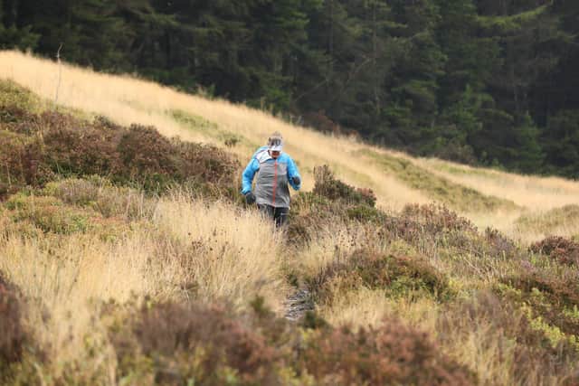 A windswept runner tackles the 2019 Fell 'n' Back course.