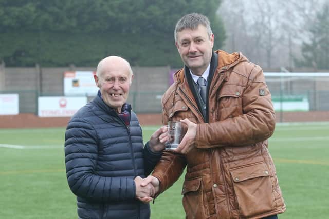 Tributes to Buxton FC legend Ken Shirley, pictured on his 80th birthday when he visited the Silverlands as guest of honour and met with chairman Dave Hopkins. Photo Jason Chadwick