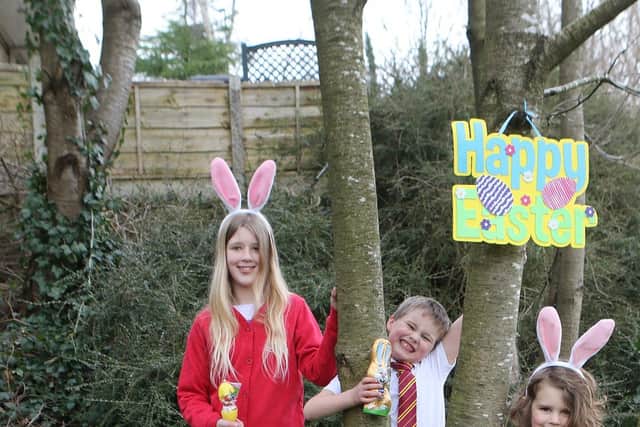 Rose and Arthur Rigley and Poppy and Dylan Shaw getting ready to try the Hayfield School PTA's Easter Trail