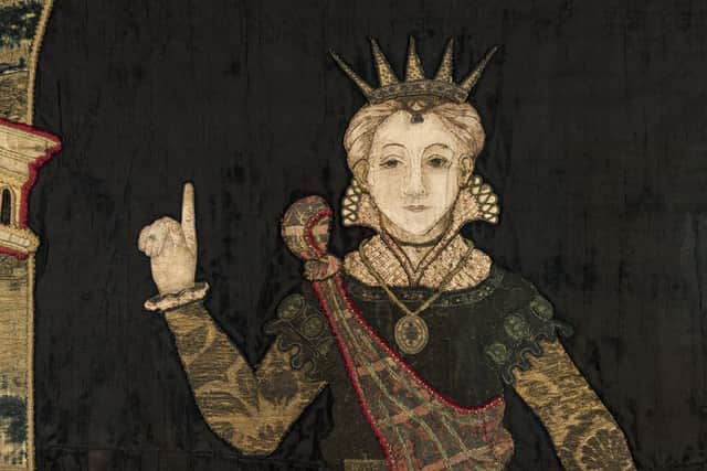 Detail of Penelope in a wall hanging of Penelope flanked by Perseverance and Paciens in the Museum Rooms at Hardwick Hall.