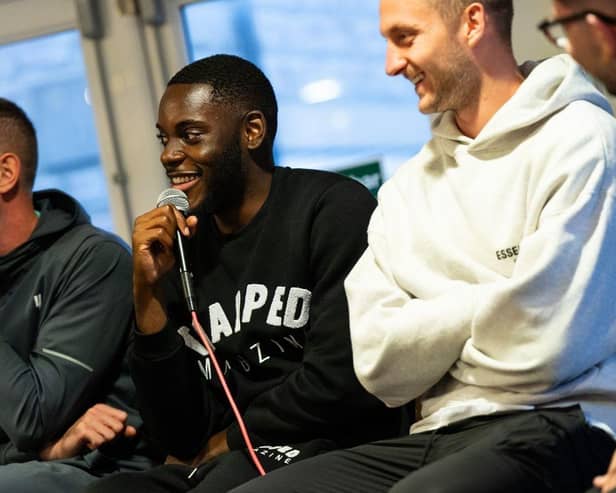 Stoke City Players Frank Fielding Junior Tchamadeu and Ben Wilmot at the Buxton High Peak Supporters Club meet and greet at the Hoffman Bar. Photo Stoke City FC