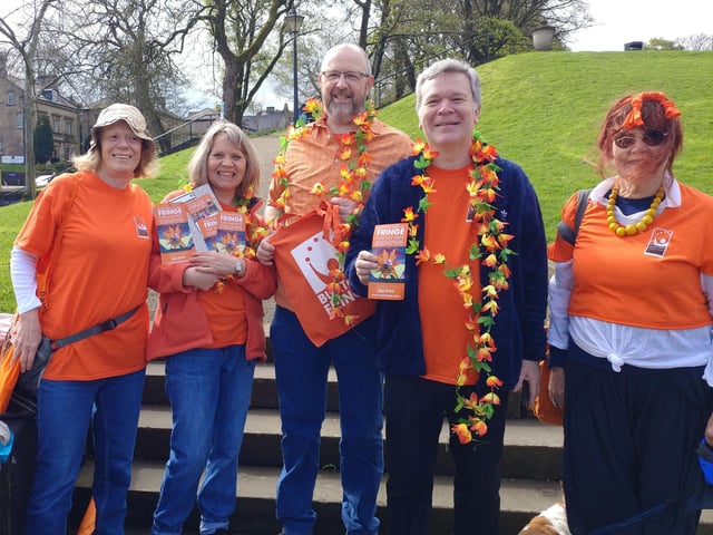 Fringe committee members from l-r Pam Mason, Stephanie Billen, Stephen Walker (chair of the Fringe), Rob Harrison and Catherine Serjeant enjoy a chance to talk about July's Fringe at the Buxton Spring Fair 2023. Pic Jean Ball