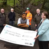 Alex Soria, Tarmac Tunstead Cement Plant manager hands over a cheque for £1,000 to Buxton Advertiser Editor Louise Cooper, watched by Buxton Civic Association representatives John White, John Phillips and Brian Shawcross, as well as Josie Shereston from Tarmac.
