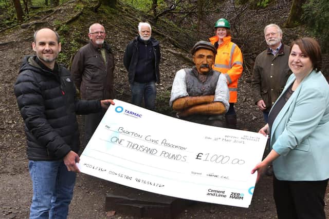 Alex Soria, Tarmac Tunstead Cement Plant manager hands over a cheque for £1,000 to Buxton Advertiser Editor Louise Cooper, watched by Buxton Civic Association representatives John White, John Phillips and Brian Shawcross, as well as Josie Shereston from Tarmac.