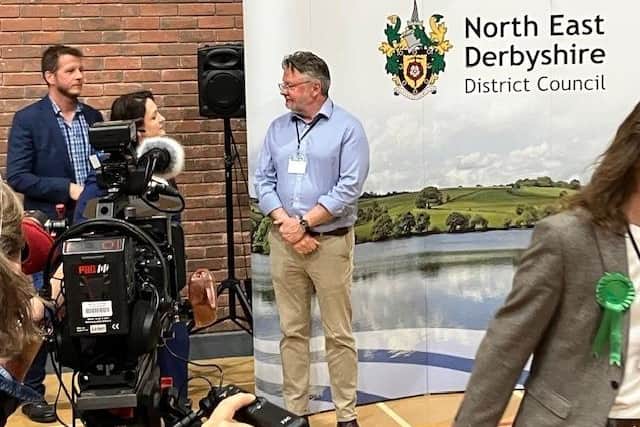 Former Derbyshire County Council Leader Barry Lewis is consoled by Cllrs Alex Dale and Angelique Foster after losing his Shirland and Wingerworth South seat