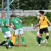 Oliver Parker heads for goal in Saturday's late defeat to Brocton. Photo by John Fryer.