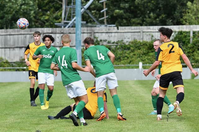 Oliver Parker heads for goal in Saturday's late defeat to Brocton. Photo by John Fryer.
