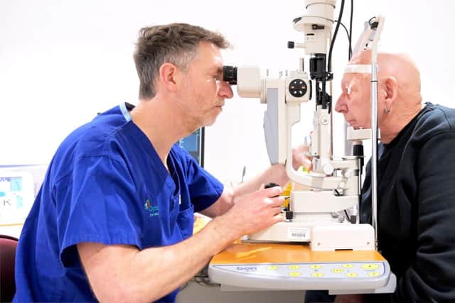 Optegra optometrist Oliver Bowen-Thomas and patient Jim Hayles