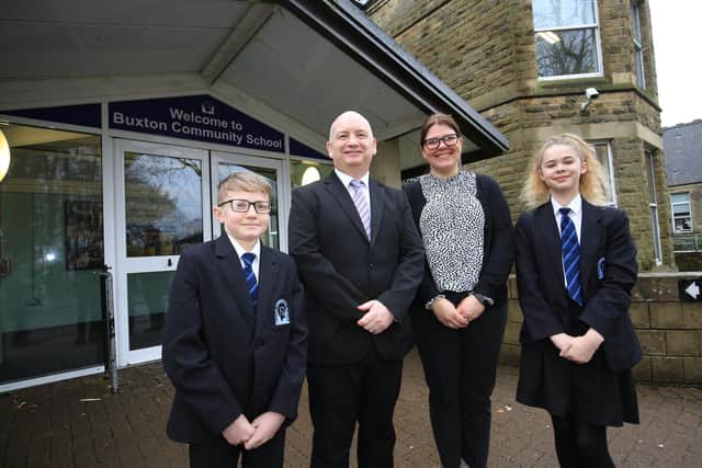 Headteacher Craig Yates with deputy headteacher Sam Jones and pupils Caylum Martin, 12, and Isabelle Woolley, 12