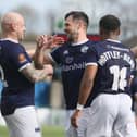 Buxton celebrate the opening goal on Saturday, scored from the spot by Diego De Girolamo (centre). Photo: Jason Chadwick.