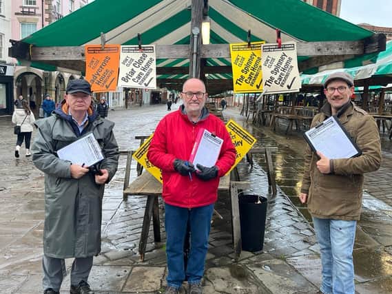 Save Our Care Homes campaigner Adrian Mather with Cllr Paul Niblock and Cllr Ed Fordham collecting signatures in Chesterfield Market.