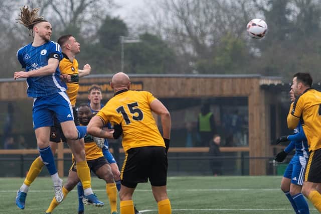 Kieran Burton heads home the opening goal. Photo: Phil Peat.