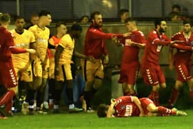 Tempers flare at New Mills v Ashville on Saturday. Photo by John Fryer